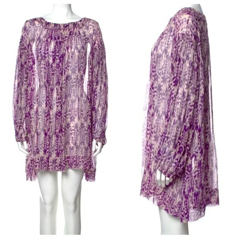 Etoile Isabel Marant Dress Silk Chiffon Sheer Shift Long Sleeved Mini Purple 0